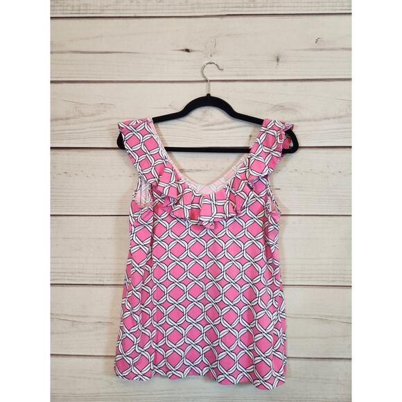 Crown & Ivy Women's Pink White Rope Print Ruffle Sleeveless Tank Top Size Medium - Picture 2 of 6